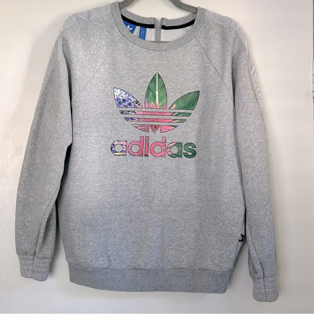 Adidas Tropical Trefoil Heathered Grey Crewneck Sweatshirt Floral Logo Rare S